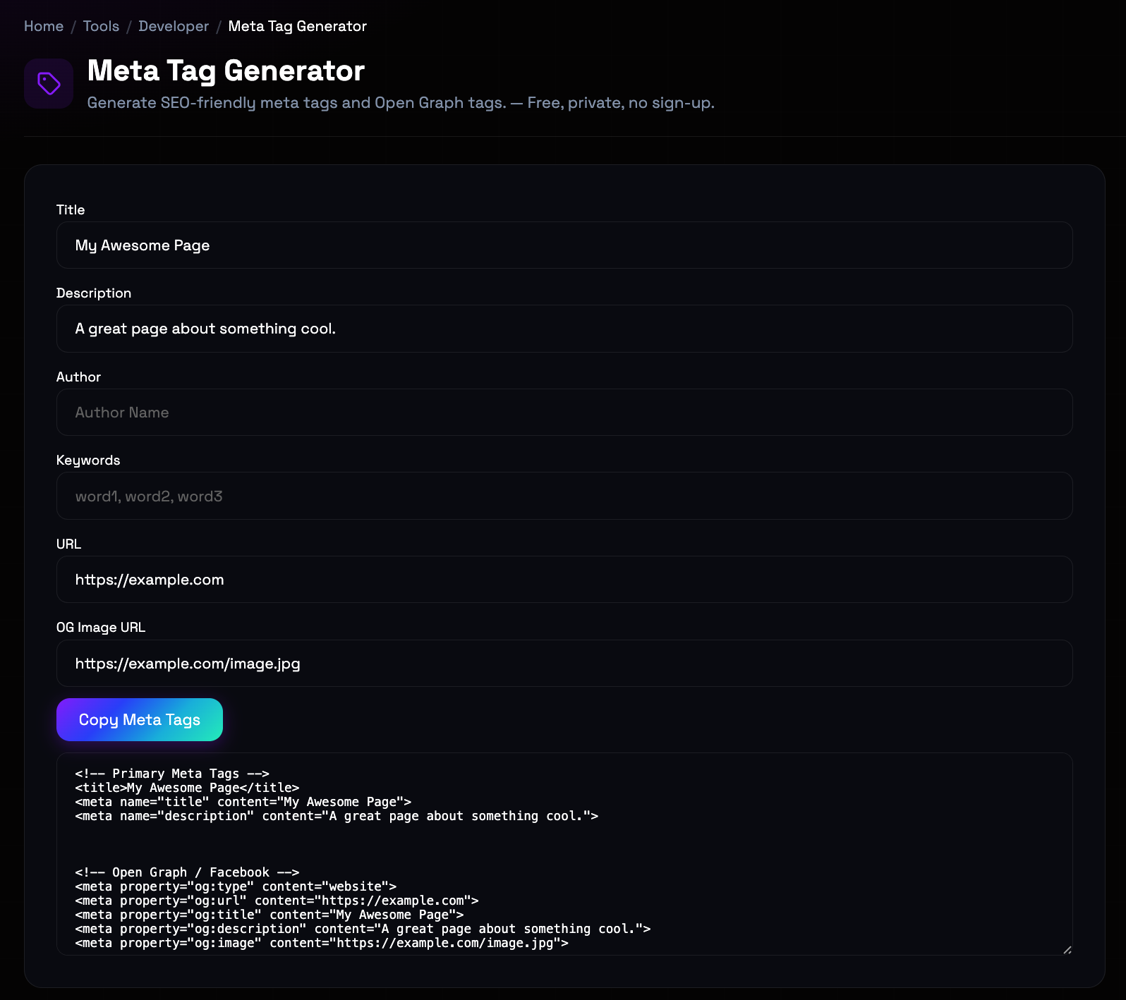 How to use Meta Tag Generator online — free, fast, and private